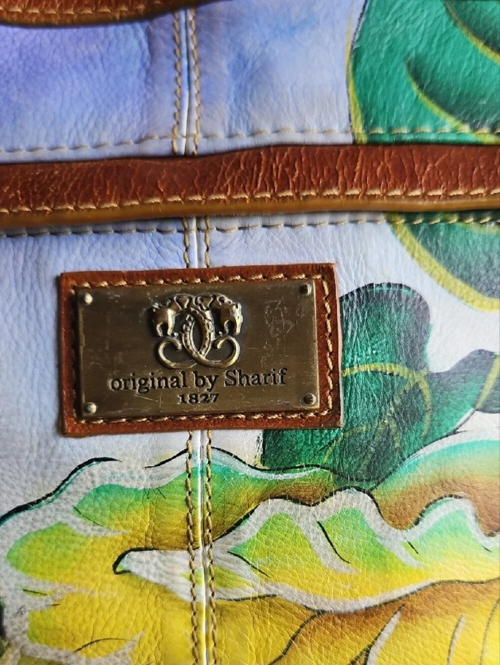 Sharif Hand-Painted Floral and Landscape Tote Satchel in Brown Leather Trim